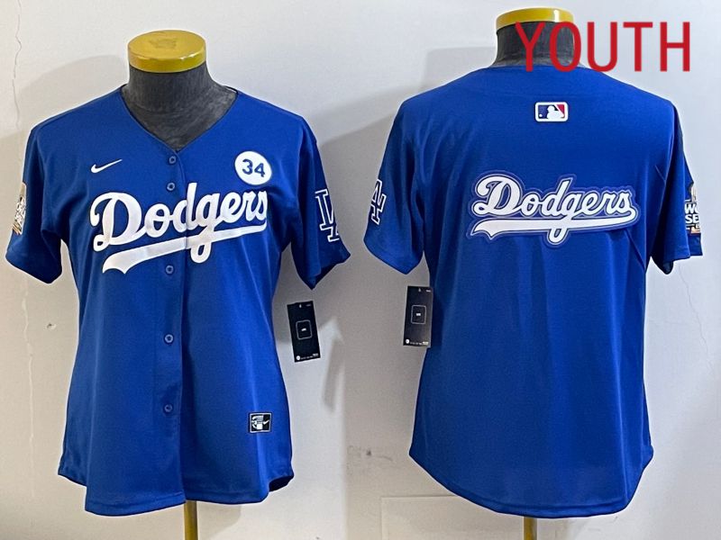 Youth  Los Angeles Dodgers blank 2024 World series patch blue jersey 202411268->youth mlb jersey->Youth Jersey